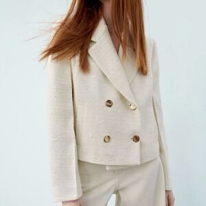 Zara Ivory Textured Tweed Cropped Blazer